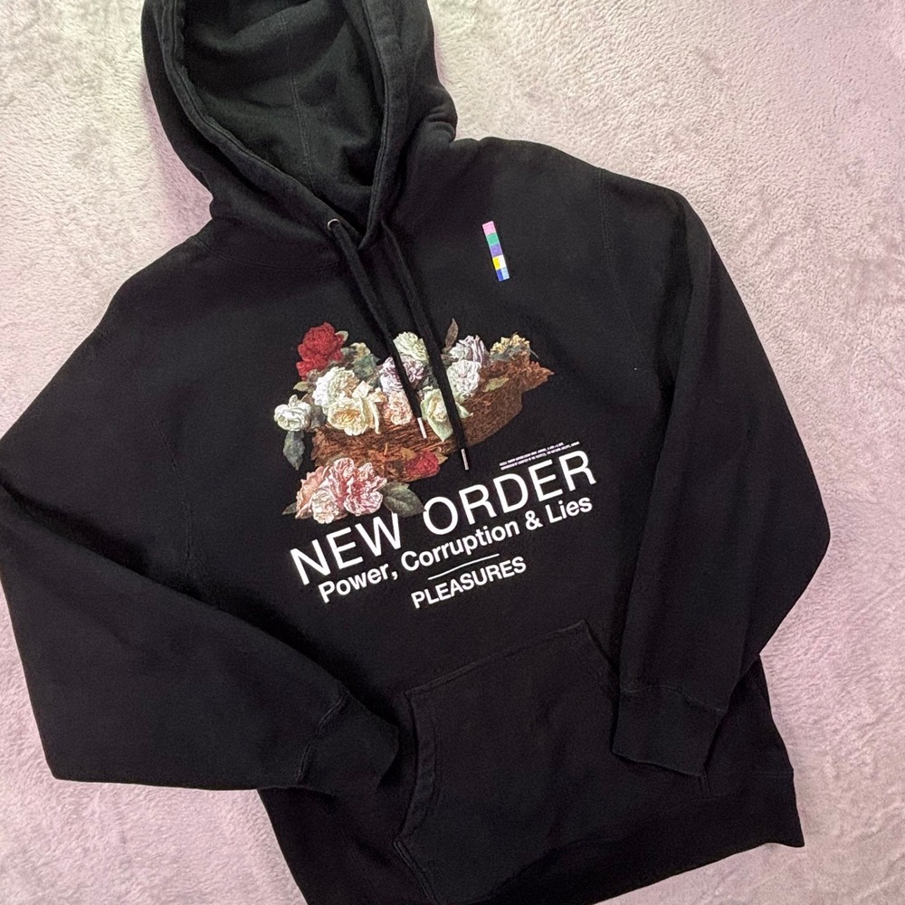Pleasures Mens Hoodie Sz Large Black New Order Power Corruption & Lies Graphic
